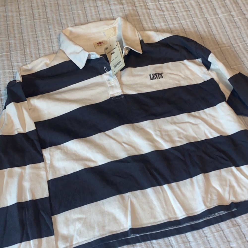 Levi's Bold Gray and White Striped cropped polo shirt